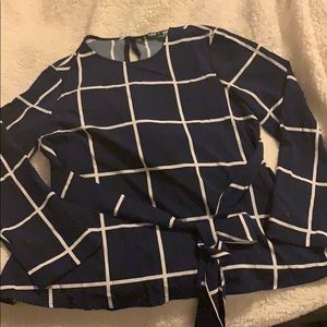 Blue and White Self Belted Grid Top
